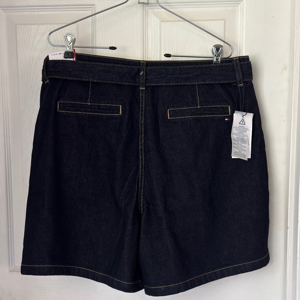 Tommy Hilfiger Denim Shorts Women 12 Dark Blue NWT High Rise Rigid Tie Waist - Picture 5 of 5